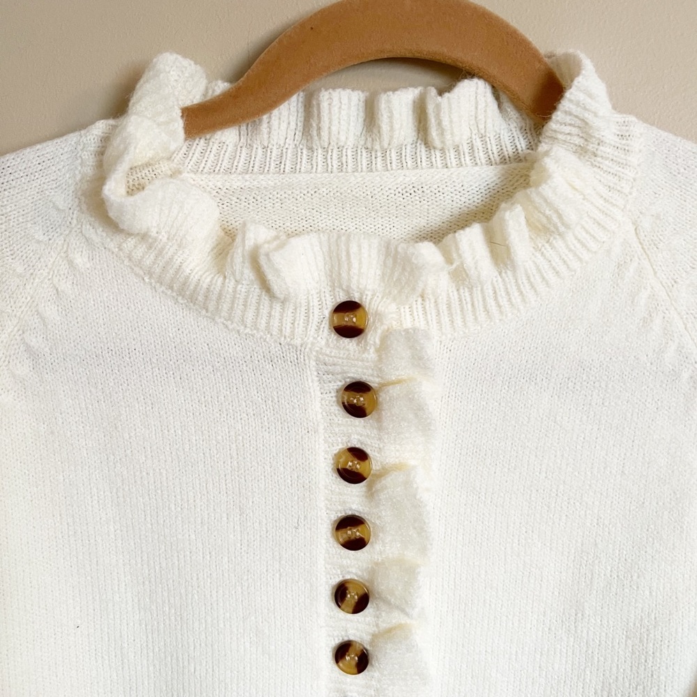 Women's Round Neck Button Down Knit Ribbed Sweater with Ruffles Size Small - Picture 4 of 10